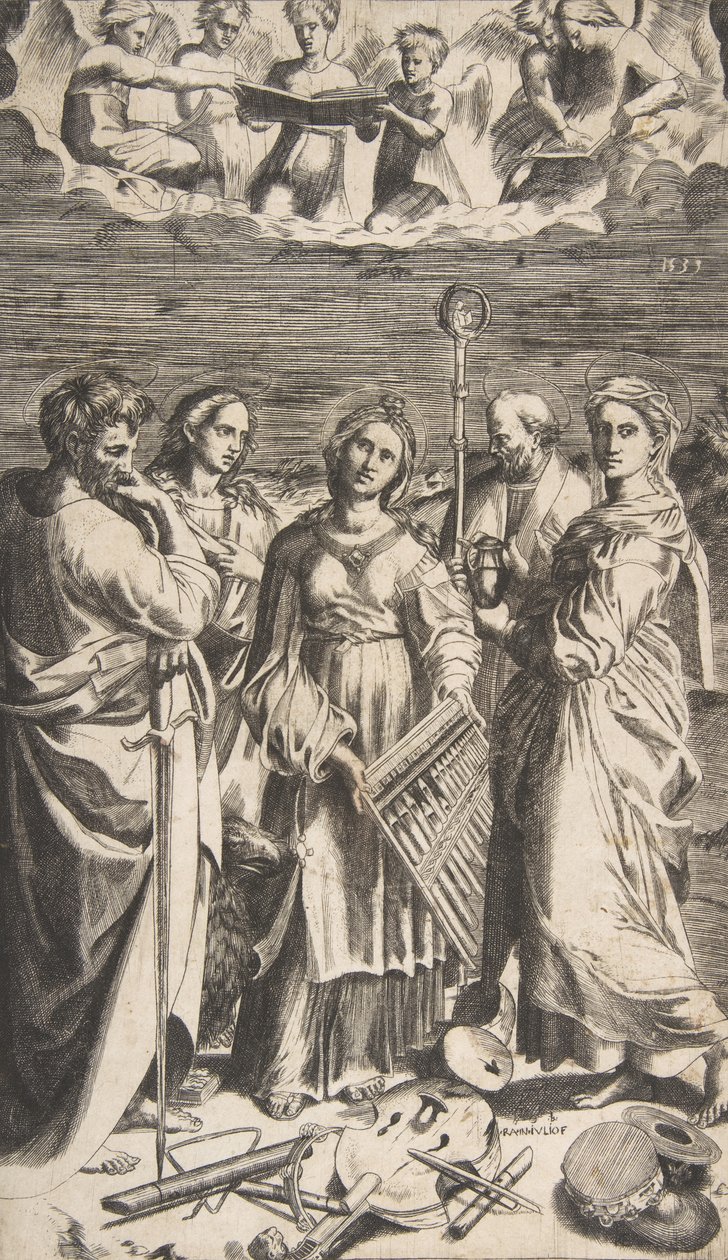Heilige Cäcilia in der Mitte, begleitet von Paulus, der Magdalena, Johannes, 1531 von Giulio Bonasone
