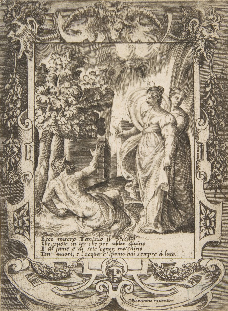 Tantalus links spricht mit Diana rechts, in einem aufwendigen Rahmen von Giulio Bonasone