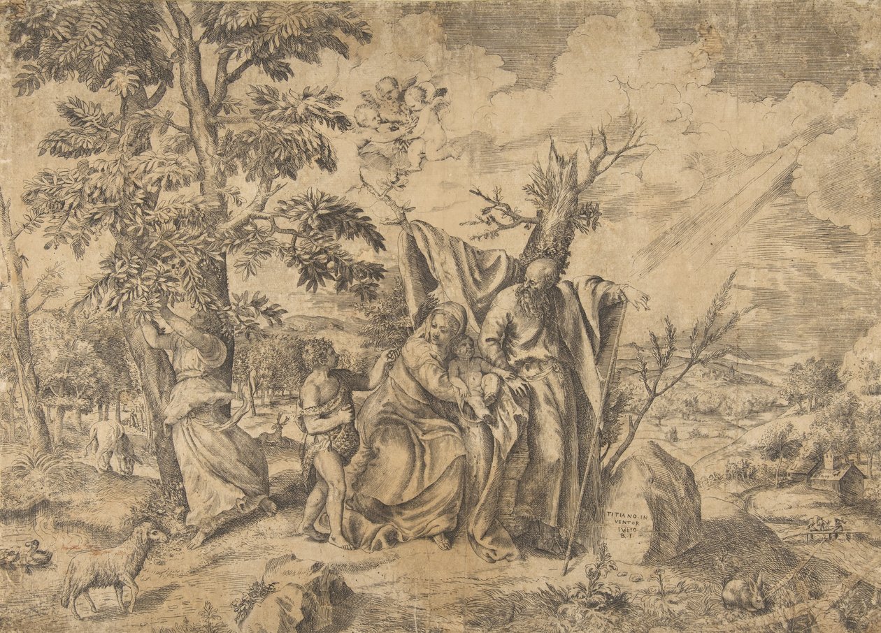 Die Rast auf der Flucht nach Ägypten, Joseph rechts, die Jungfrau hält das Christuskind, 1531-76 von Giulio Bonasone