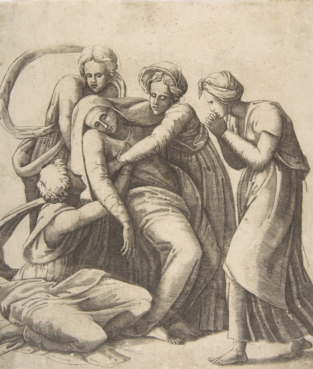 Die Jungfrau in Ohnmacht und in den Armen der heiligen Frauen gestützt, 1531-76 von Giulio Bonasone