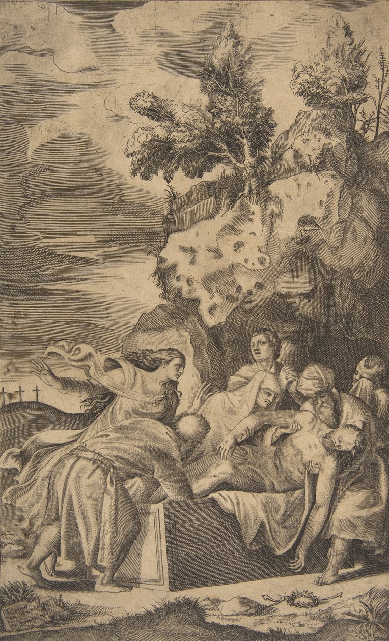 Die Grablegung Christi, die Kreuze auf Golgatha im linken Hintergrund sichtbar von Giulio Bonasone