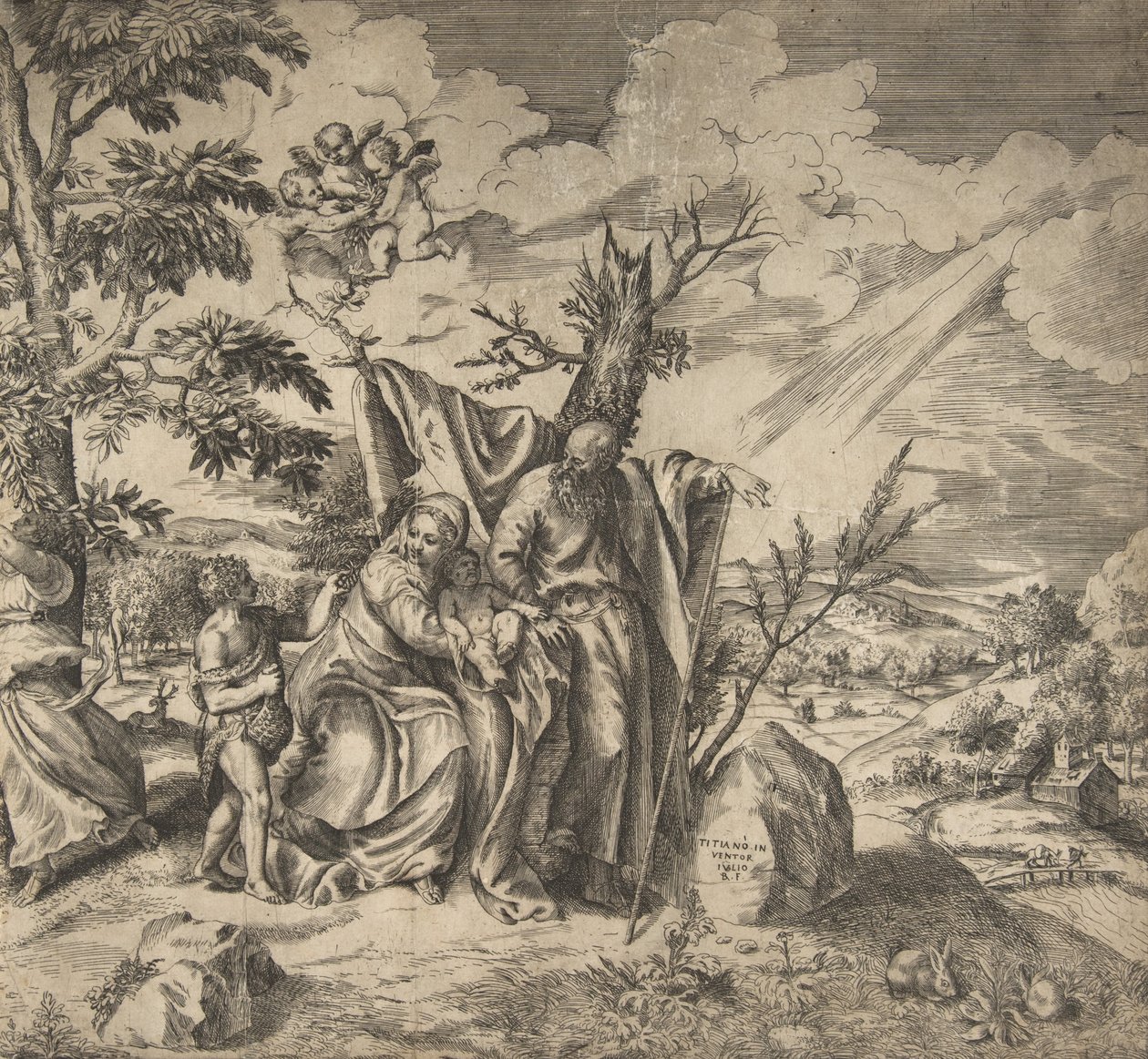 Die Rast der Heiligen Familie auf ihrer Flucht nach Ägypten, 1531-76 von Giulio Bonasone
