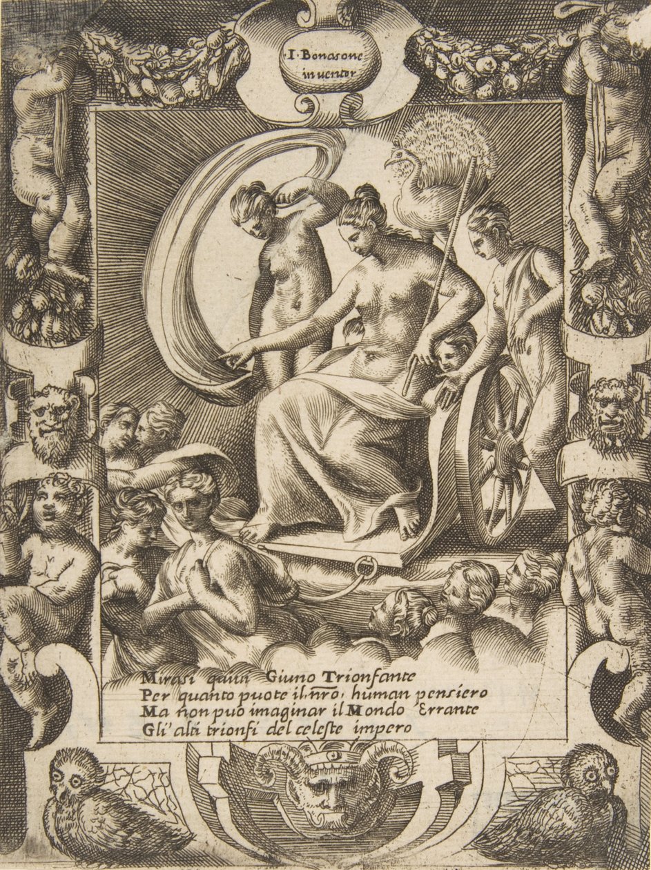 Der Triumph der Juno, die in einem Wagen sitzt, in einem aufwendigen Rahmen, 1531-76 von Giulio Bonasone