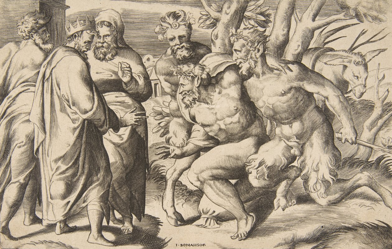 Zwei Satyrn bringen Silenus, König Midas steht links, 1531-76 von Giulio Bonasone