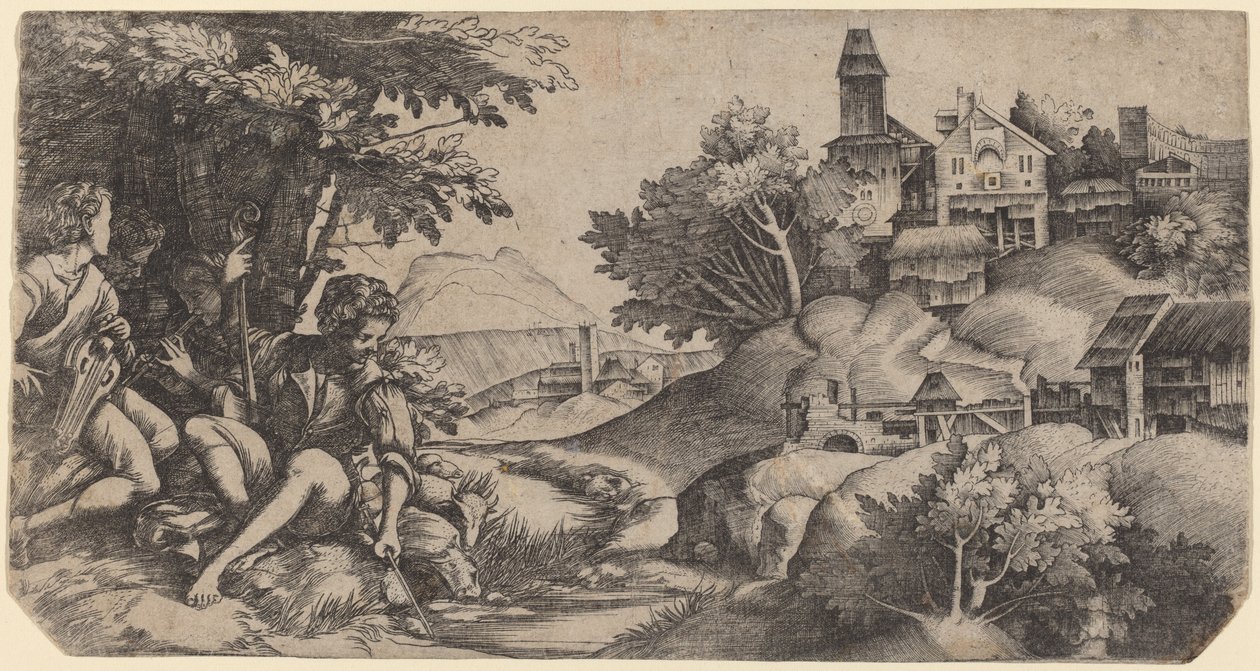 Hirten in einer Landschaft von Giulio Campagnola and Domenico Campagnola