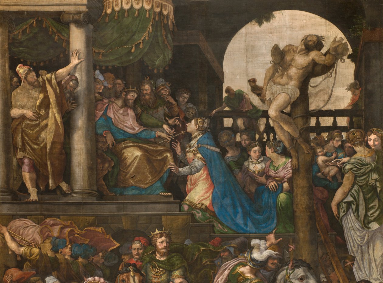 Wand gegenüber der Gegenfassade des südlichen Querschiffs, Giuseppe Campi, Triumph von Mordecai 1567, Detail obere Teil von Giulio Campi