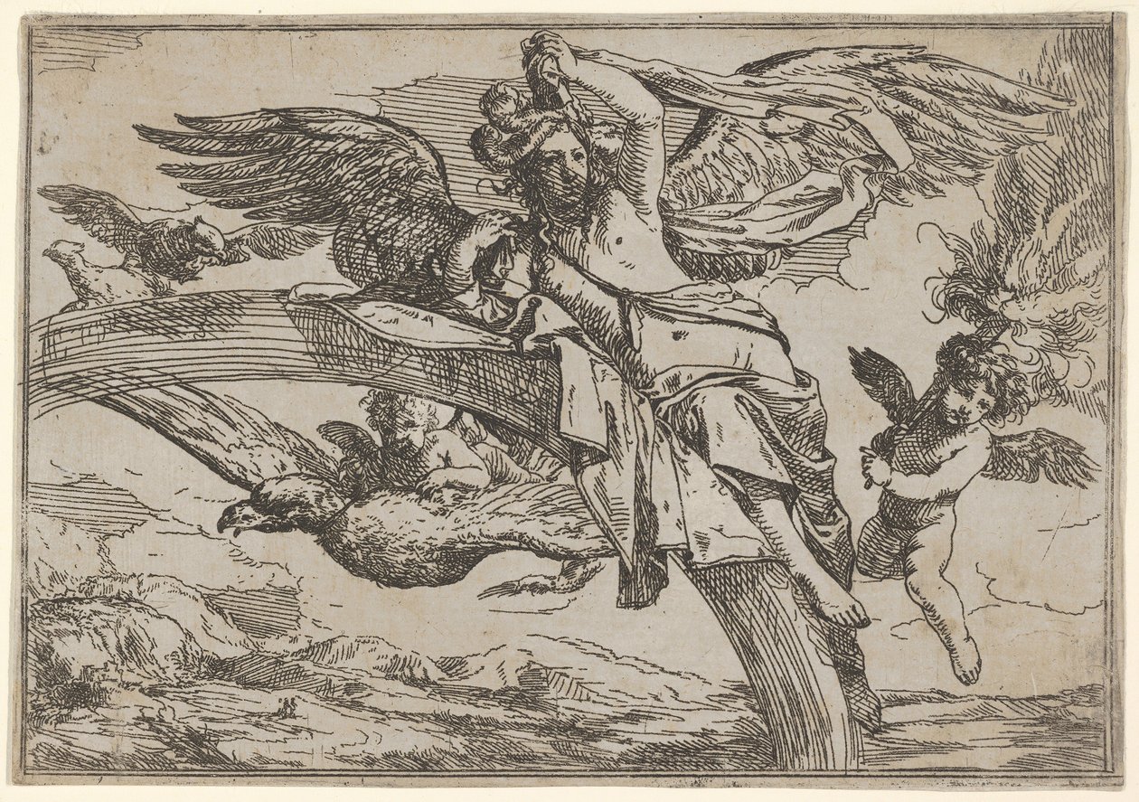 Luft, dargestellt von Iris, die auf ihrem Regenbogen ruht, begleitet von einem geflügelten Putto von Giulio Carpioni