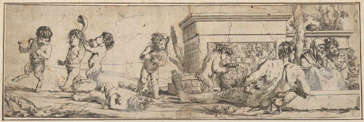 Bacchanal mit Säuglingssatyrn und Putti links, eine nackte männliche Figur liegt vorne, 1633-78 von Giulio Carpioni
