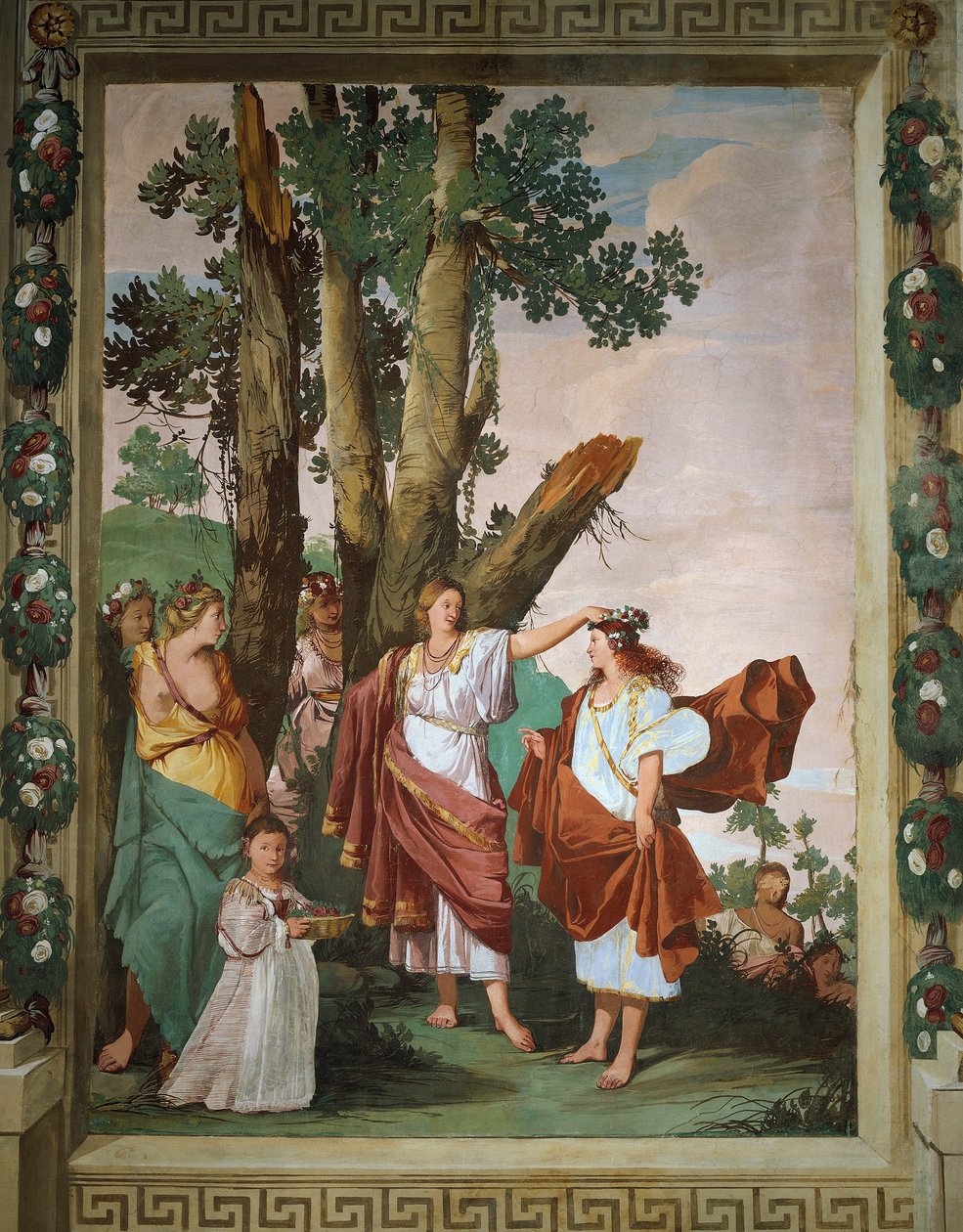 Nymphe Amaryllis, Gewinnerin des Kusswettbewerbs, Fresko inspiriert vom pastoralen Spiel Der treue Hirte von Giulio Carpioni