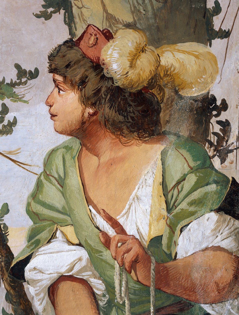 Hirte Sylvius verwundet versehentlich die Nymphe Dorinda und verliebt sich in sie, Fresko von Giulio Carpioni, inspiriert vom Schäferspiel Der treue Hirte, von Giovanni Battista Guarini, Villa Caldogno, Caldogno, Venetien von Giulio Carpioni