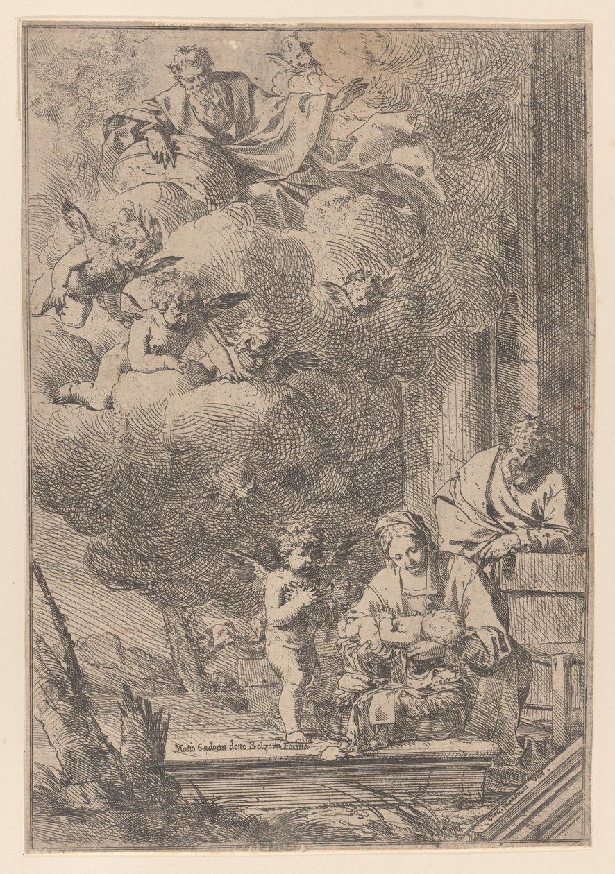 Die Heilige Familie mit der Jungfrau, die Christus über die Wiege hält, 1640-60 von Giulio Carpioni