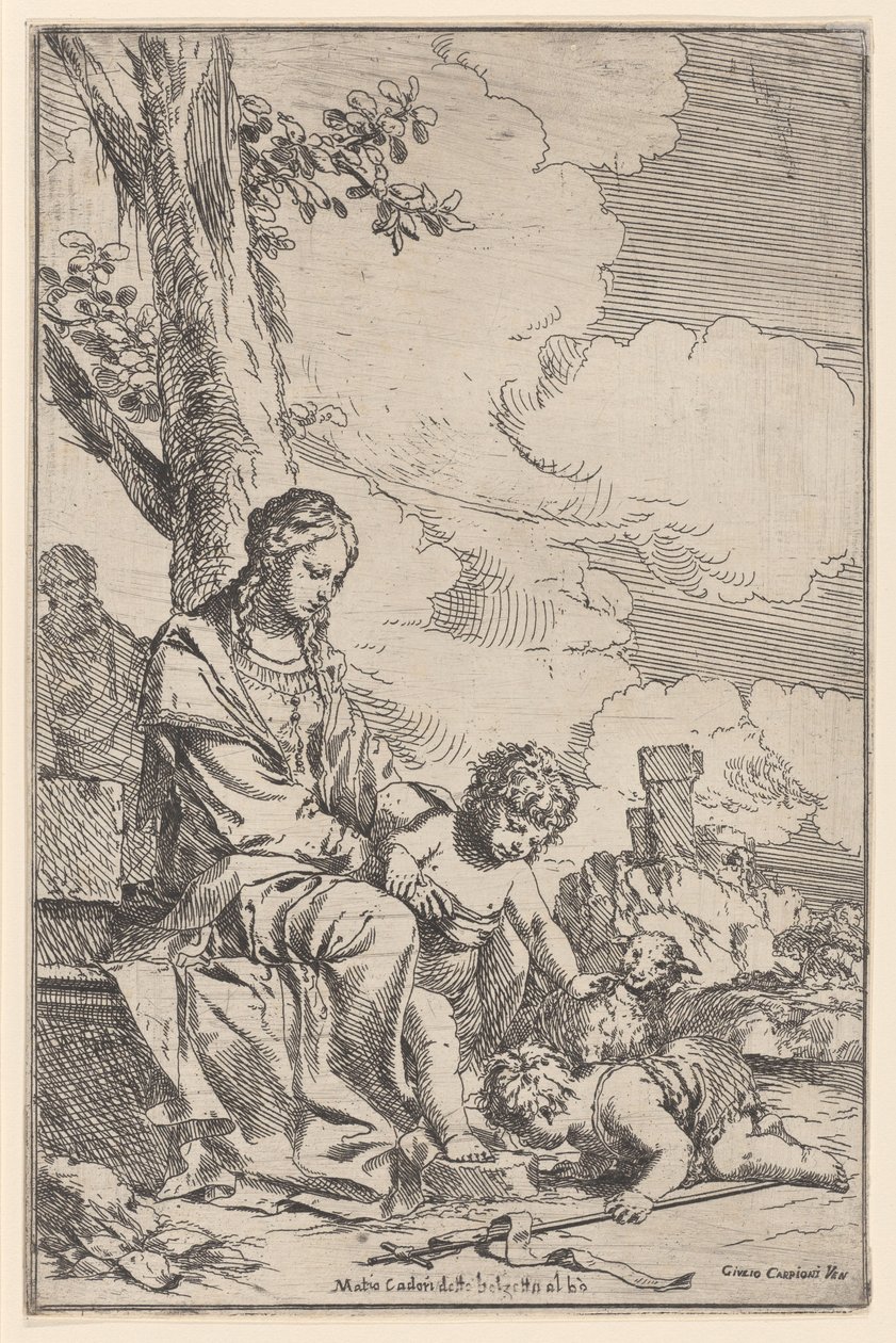 Die Heilige Familie mit dem kleinen Johannes, der die Füße Christi küsst, 1640-60 von Giulio Carpioni