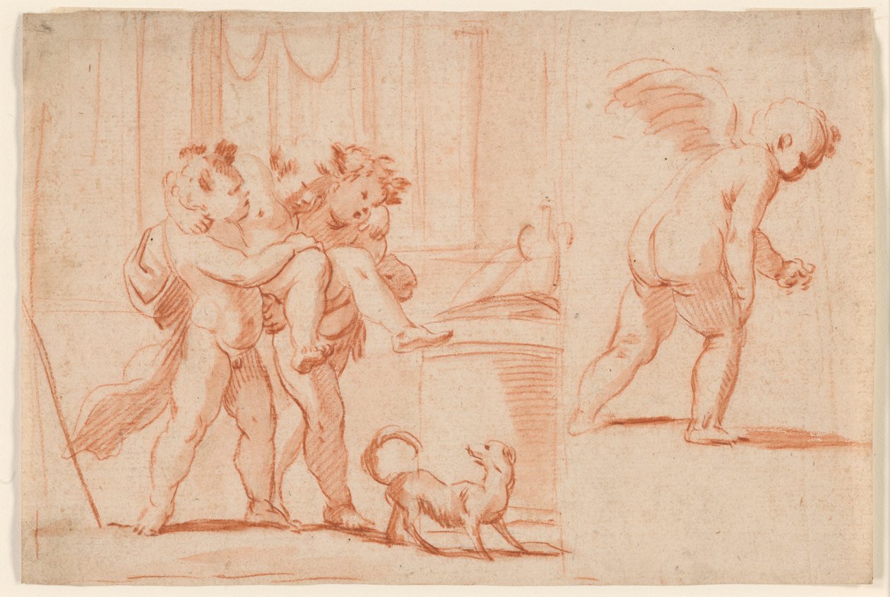 Zwei Putti tragen einen dritten Putto; ein weiterer Putto von hinten von Giulio Carpioni