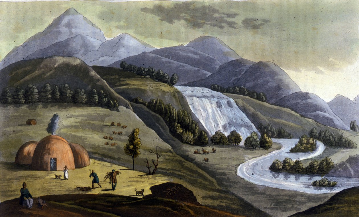 Landschaft von Lappland (Gebiete von Norwegen, Schweden, Finnland und Russland), Behausungen der indigenen (Sami) in „Das alte und moderne Kostüm“ von Ferrario, ed. Mailand von Giulio Ferrario