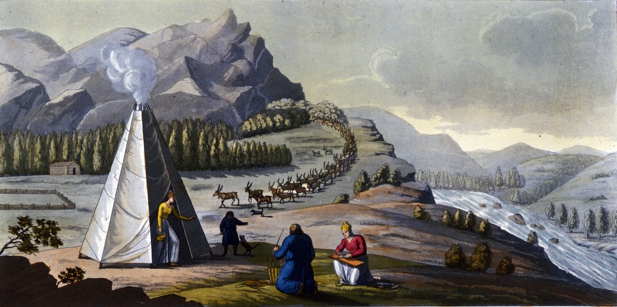 Sami-Landschaft: Ureinwohner, die in den Ländern der nördlichen Länder (Norwegen, Finnland, Schweden und Russland) leben, flechten Körbe und reinigen Fische in der Nähe eines Zeltes. in „Das alte und moderne Kostüm“ von Ferrario, hrsg. Mailand von Giulio Ferrario