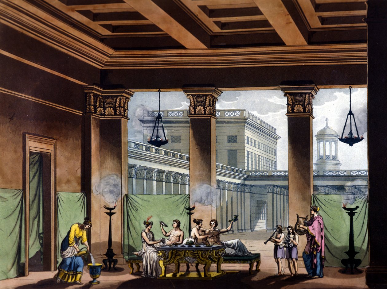 Triclinium mit Öllampen im antiken Griechenland: Bankettszene - aus „Das alte und moderne Kostüm“ von Jules Ferrario, Mailand von Giulio Ferrario