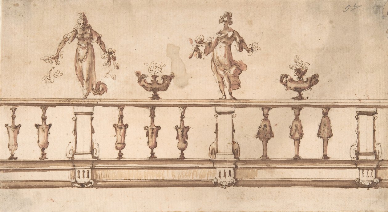 Entwurf für ein Geländer mit weiblichen Figuren und Urnen von Giulio Parigi