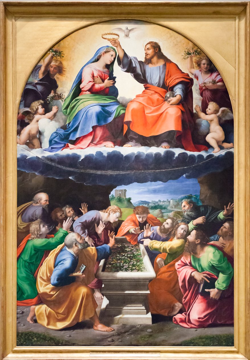 Krönung der Jungfrau oder Madonna von Monteluce, um 1525 von Giulio & Penni Giovanni Francesco (il Fattore) (c.1488-1528) Romano