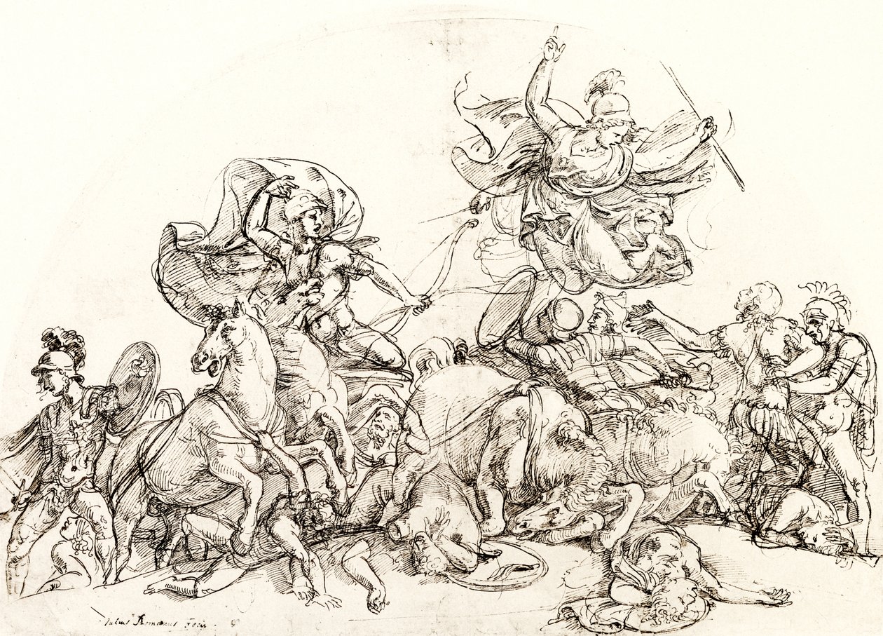 Diomedes, verwundet von Pandarus, wird von Pallas Athene getröstet von Giulio Romano