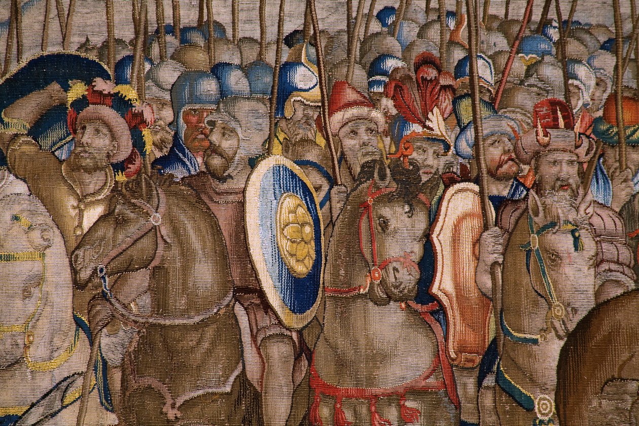 Flämischer Wandteppich. Serie Die Taten des Scipio: Die Schlacht bei Zama. Zeichner Giulio Romano. Atelier von Balthasar van Vlierden (?), Brüssel. 1523-1532. (Detail) von Giulio Romano