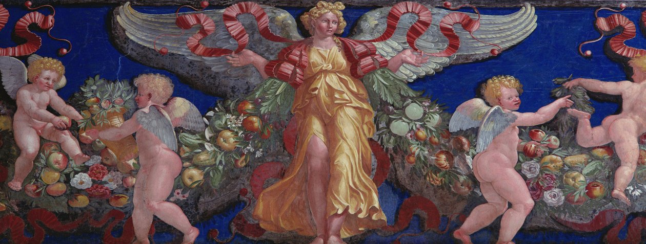 Fries aus der Camera con Fregio di Amorini (Detail eines Engels in goldenem Kleid mit ausgebreiteten Flügeln) von Giulio Romano