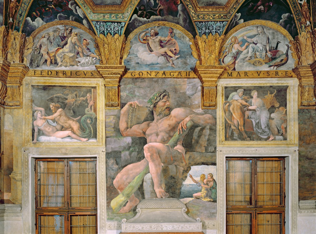 Olympia verführt von Jupiter, Polyphemus bewacht Acis und Galatea, Pasiphae betritt die von Daedalus konstruierte Kuh, aus der Sala di Amore e Psiche von Giulio Romano