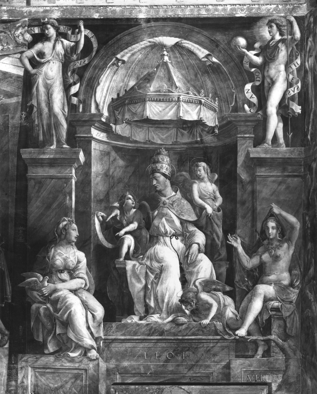 Papst Leo I. der Große (ca. 390-461) zwischen zwei Tugenden, Raphael-Räume von Giulio Romano