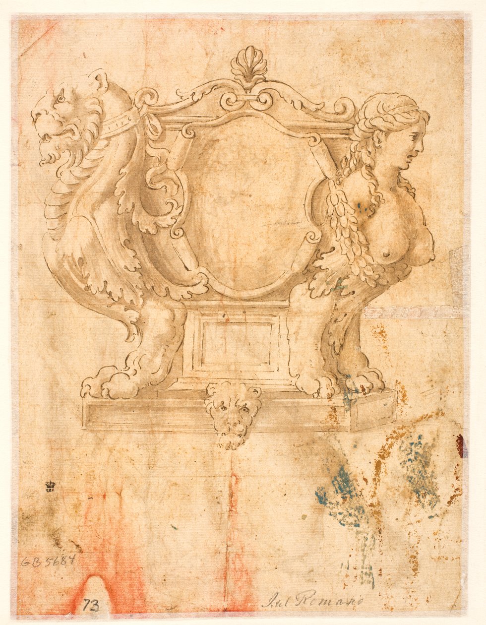 Skulptierter Sarg oder Sarg mit leerem Wappenschild von Giulio Romano