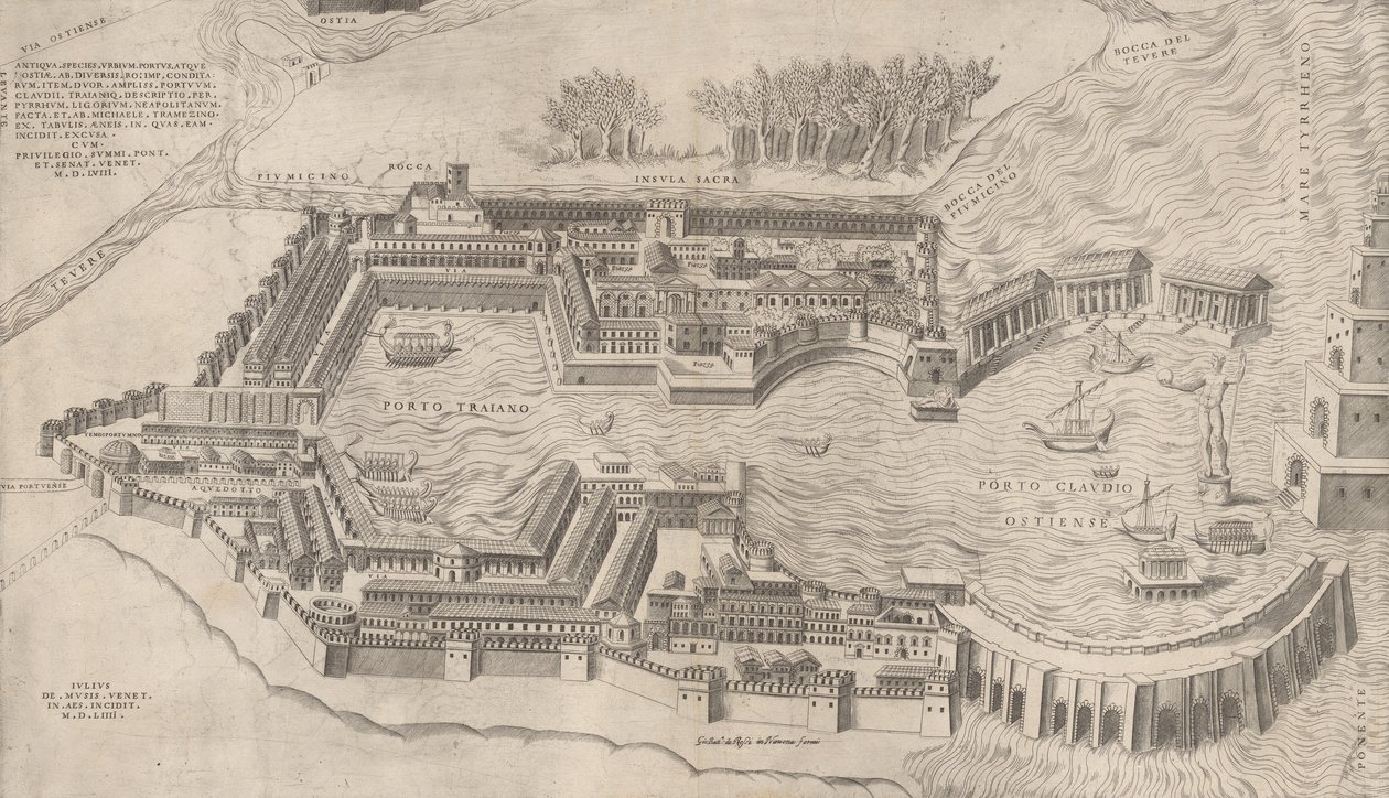 Speculum Romanae Magnificentiae: Vogelperspektive des Hafens von Rom von Giulio de Musi