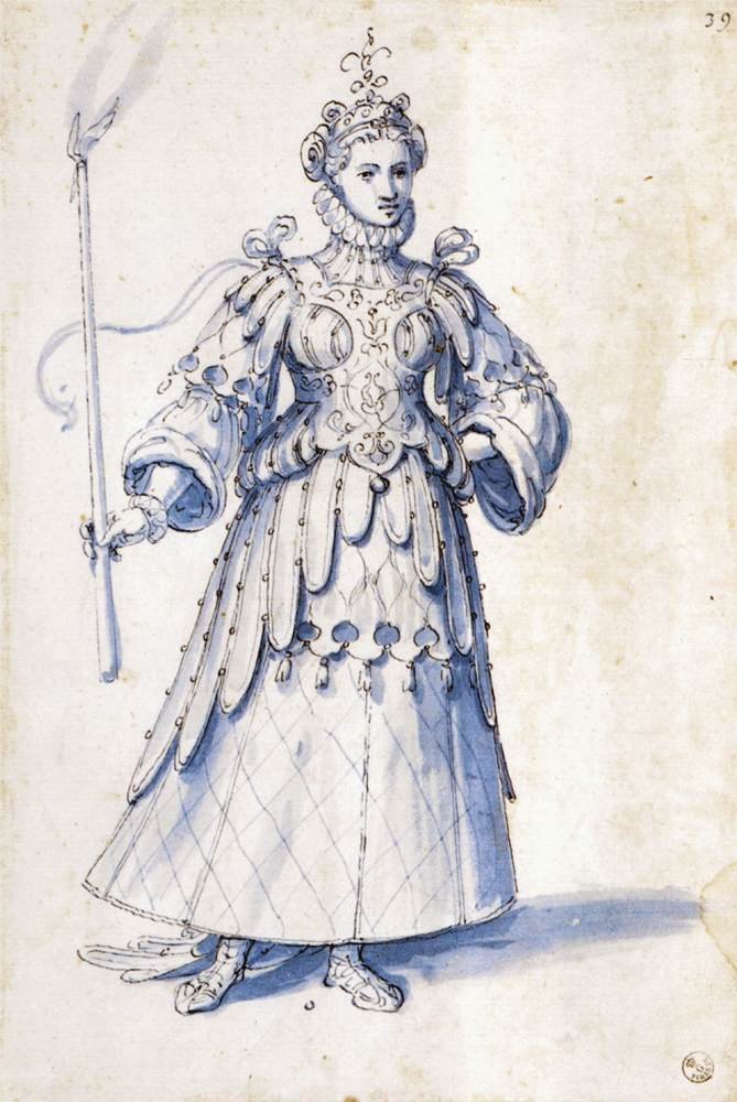 Kostümentwurf für eine weibliche Figur mit Fackel von Giuseppe Arcimboldo