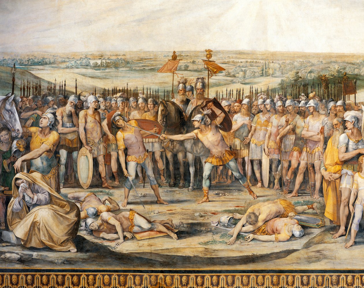 Kampf zwischen Horatiern und Kuratiern, Fresko im Saal der Horatier und Kuratier, Konservatorenpalast, Rom von Giuseppe Cesari