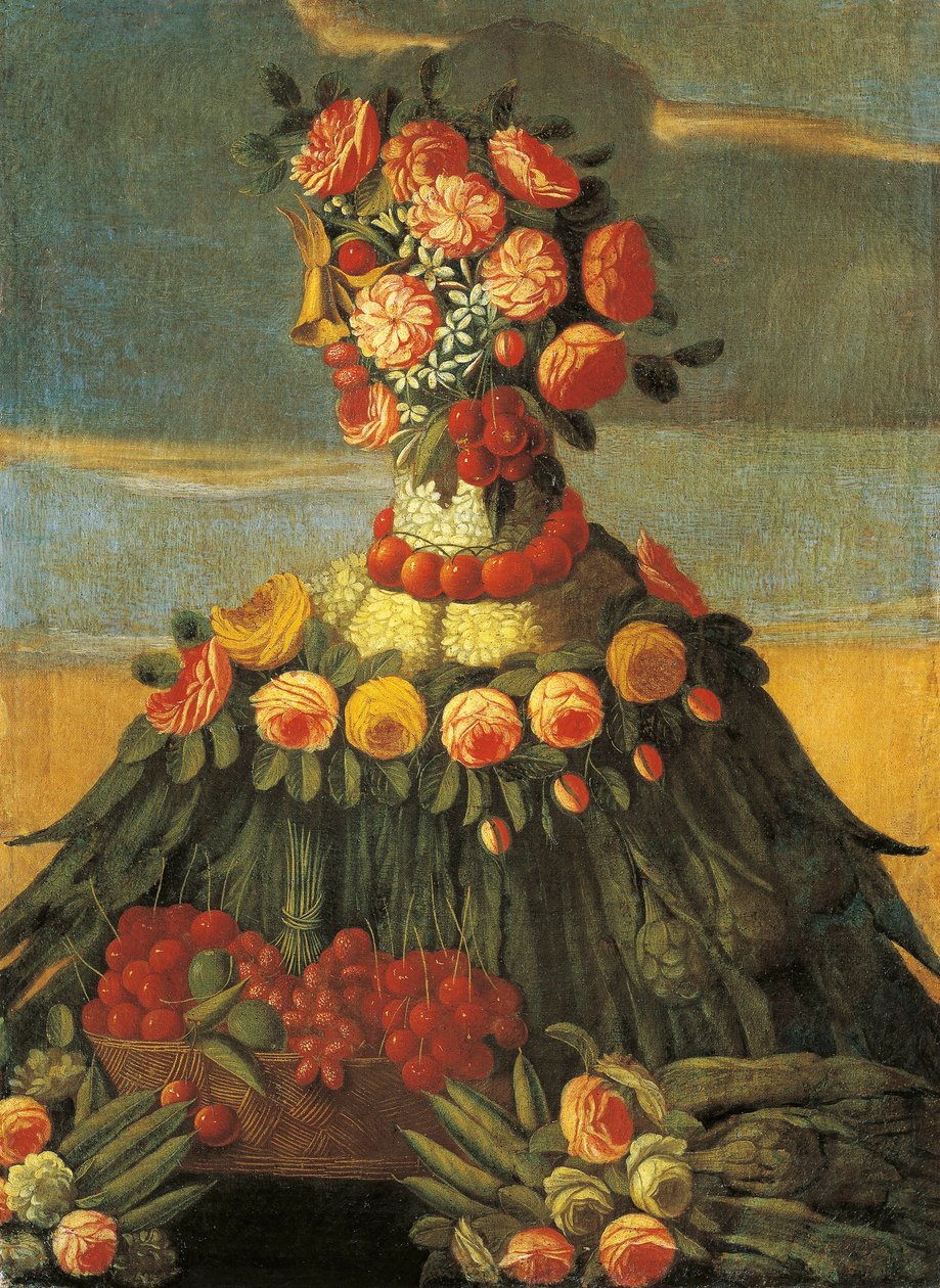 Italien, Florenz, Der Frühling, Korb mit Kirschen und Blumen von Giuseppe (follower of) Arcimboldo