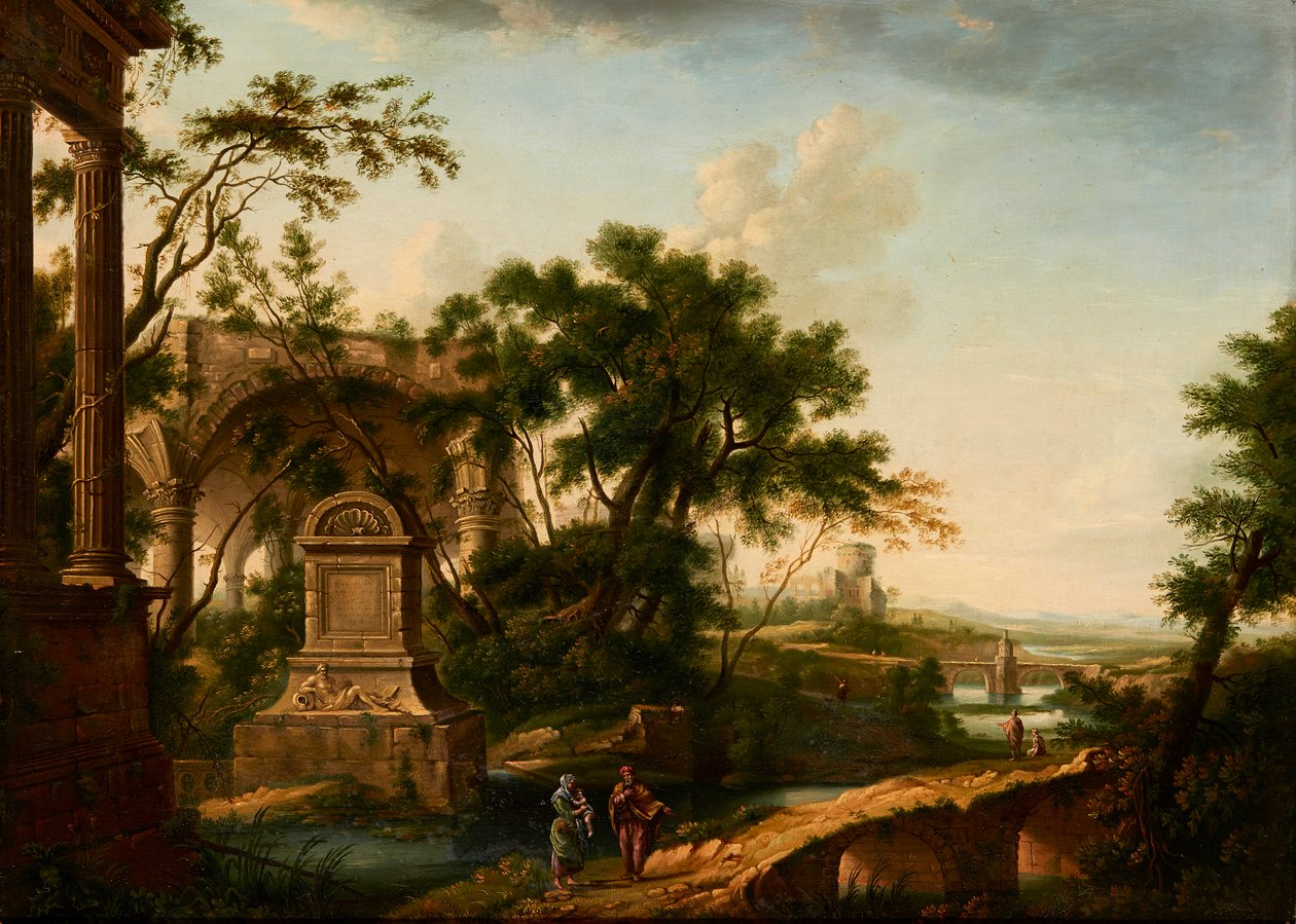 Eine klassische Landschaft mit Figuren bei Ruinen von Giuseppe (manner of) Zais
