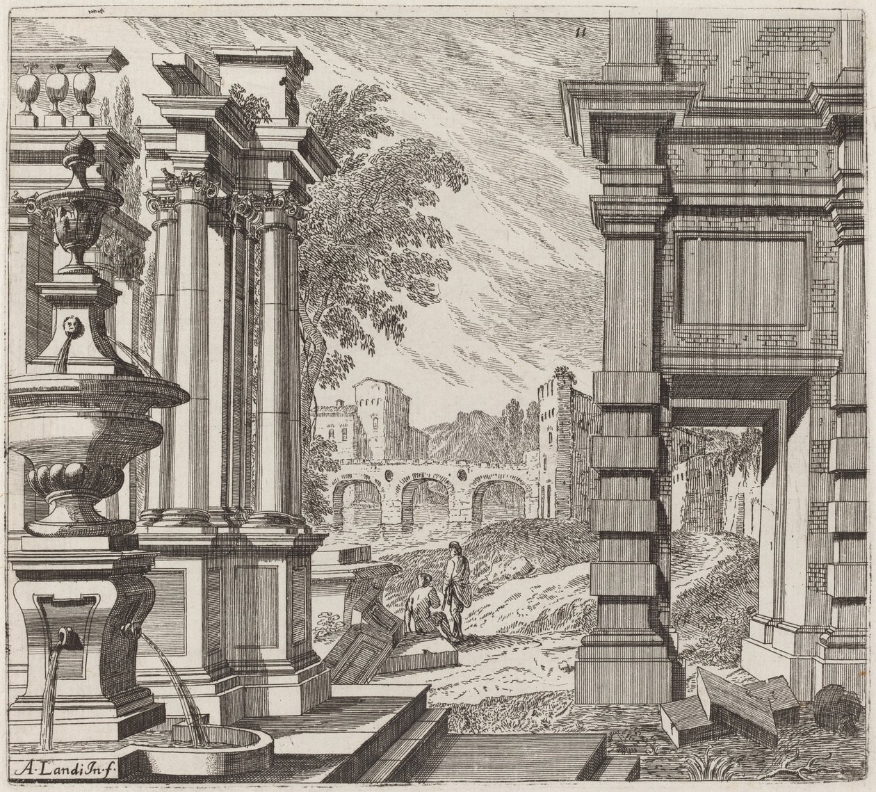 Architektonische Fantasie mit einem Brunnen, klassischen Ruinen und einer Brücke von Giuseppe Antonio Landi