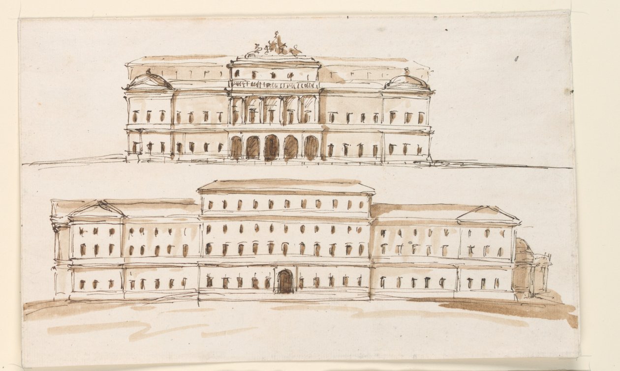 Zwei Ansichten des zentralen Teils eines Palastes von Giuseppe Barberi