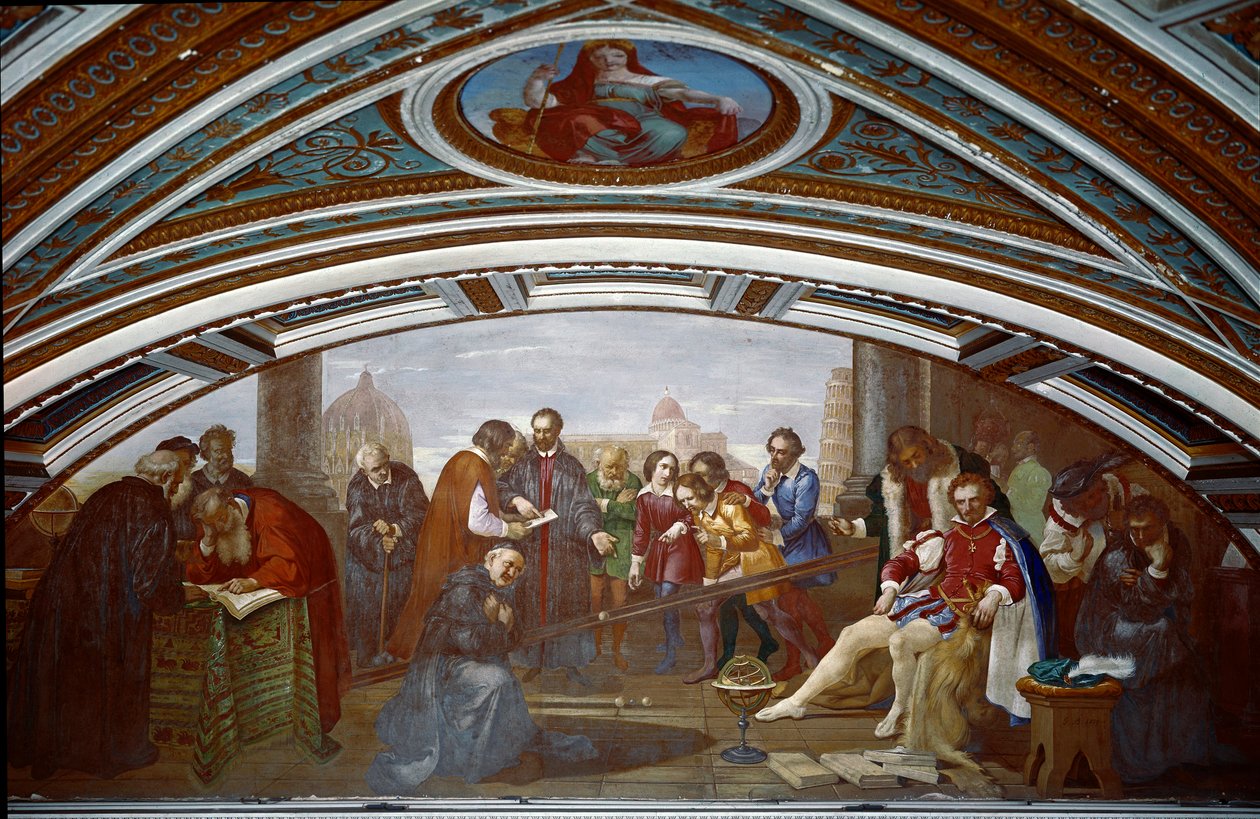Galileo Galilei demonstriert das Gesetz über den Fall und die Schwerkraft während einer öffentlichen Vorlesung in Pisa. Gemälde von Giuseppe Bezzuoli von Giuseppe Bezzuoli