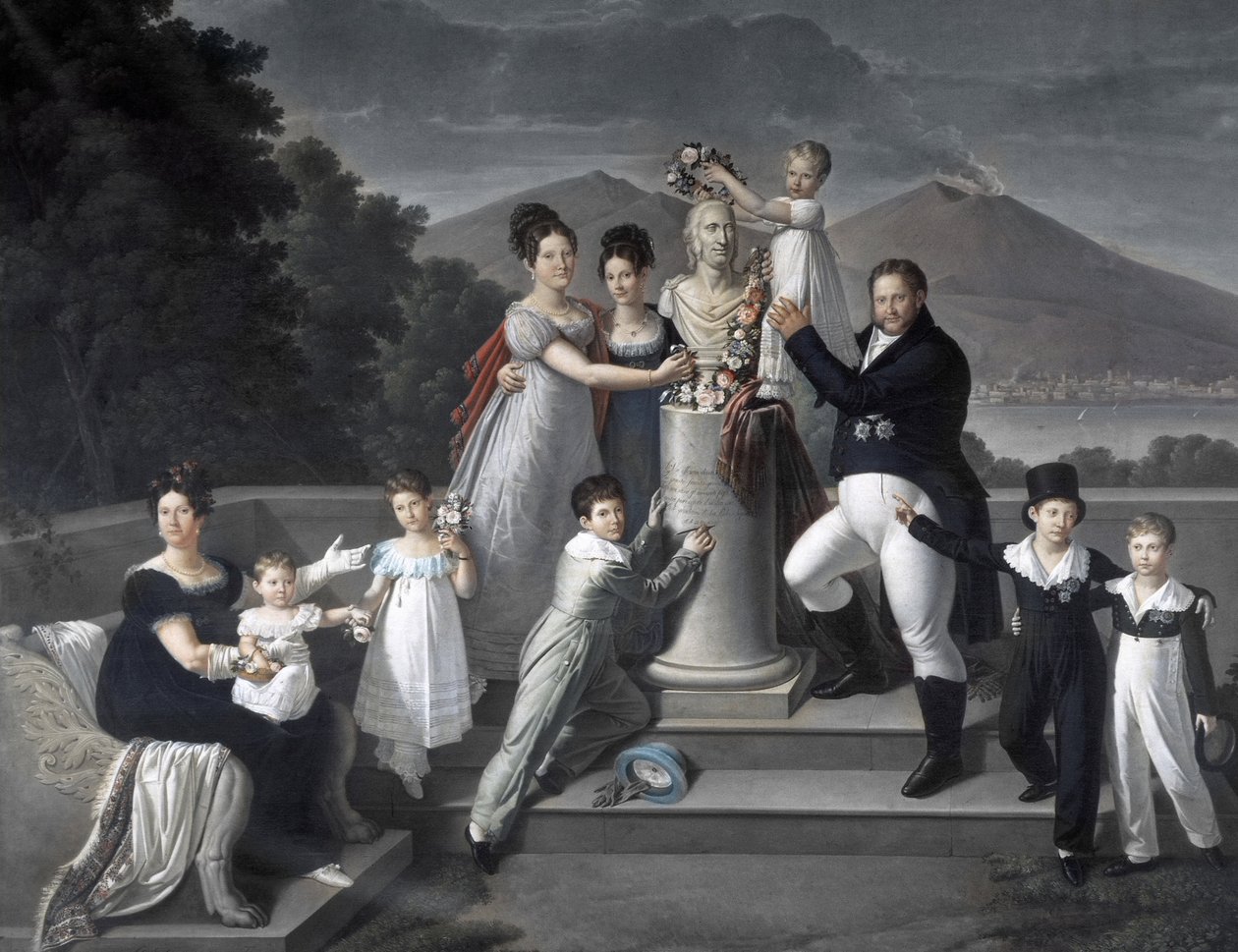 (Familie von König Francesco I. der beiden Sizilien). Von links nach rechts: Maria Isabella di Borbone-Spanien (zweite Frau von Francesco I.), Maria Carolina Ferdinanda, Maria Antonietta Großherzogin der Toskana, Luisa Carlotta, Maria Cristina Königin von  von Giuseppe Cammarano