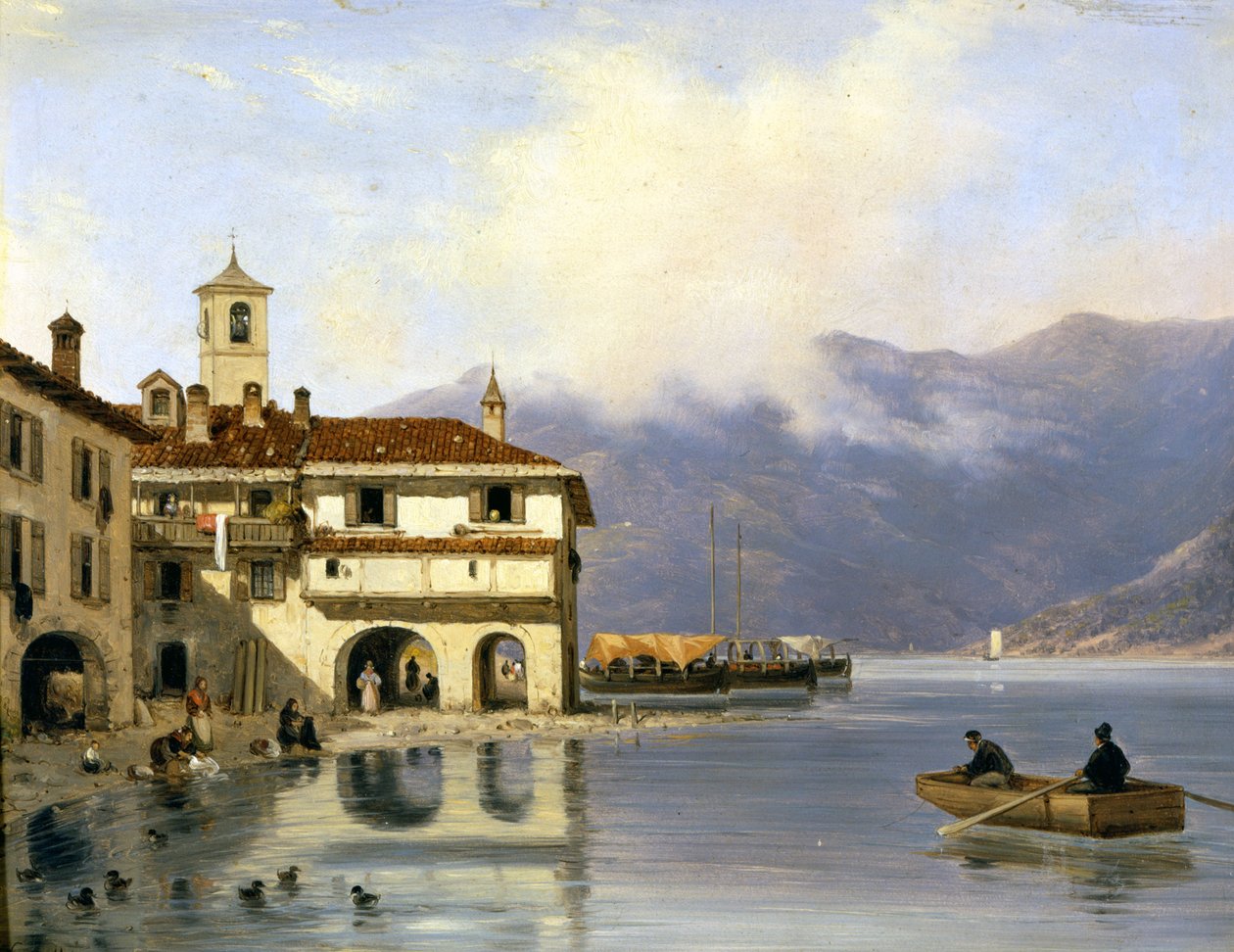 Como. Ufer und Hafen von Menaggio (1850). Gemälde von Canella von Giuseppe Canella