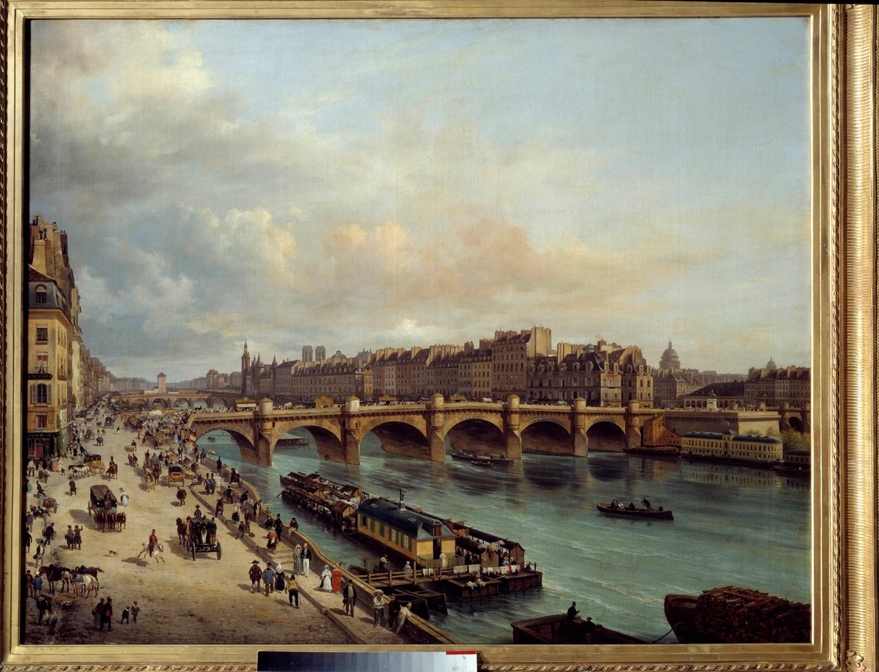 Die Stadt und die Pont Neuf vom Quai du Louvre aus gesehen. Im Vordergrund ein Bootswäscherei und die große Aktivität an den Ufern der Seine. Gemälde von Canella Giuseppe Canella l