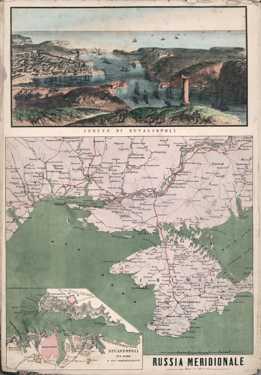 Karte von Südrussland mit Blick auf die Bucht von Sewastopol und ihre Befestigungen, 1853 von Giuseppe Civelli