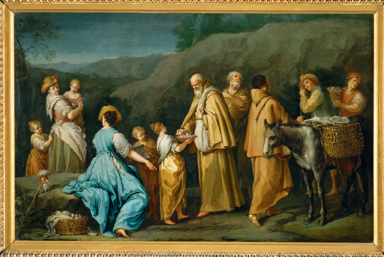 Bettelnde Mönche, denen ein kleines Mädchen Eier anbietet von Giuseppe Gambarini
