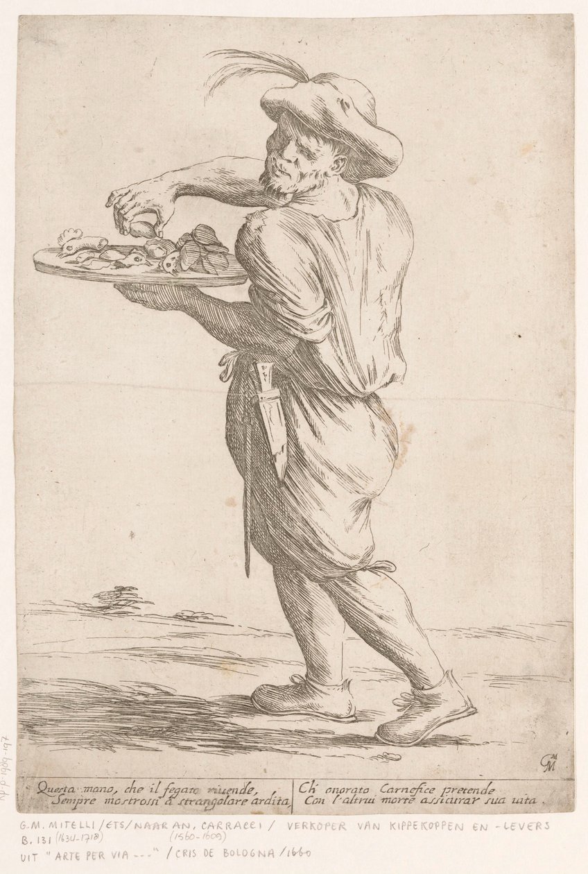 Straßenverkäufer von Hühnerköpfen und Hühnerlebern von Giuseppe Maria Mitelli