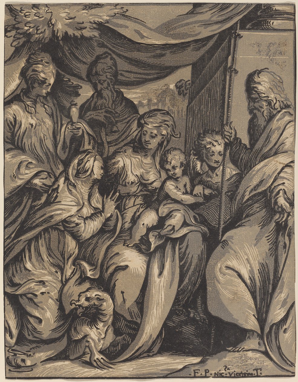 Die Jungfrau und das Kind mit Heiligen von Giuseppe Nicolo Vicentino, after Camillo Boccaccino