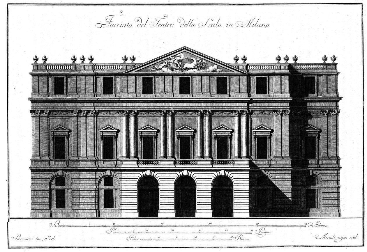 Zeichnung der Außenarchitektur der Fassade des Teatro alla Scala (Theater La Scala) in Mailand, realisiert von Giuseppe Piermarini (1734-1808) von Giuseppe Piermarini