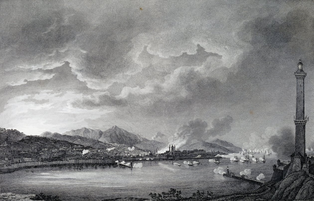 Genua wird von der englischen Flotte bombardiert, 25. Mai 1800, Stahlstich nach einer Zeichnung von Giuseppe Pietro Bagetti, Paris von Giuseppe Pietro Bagetti