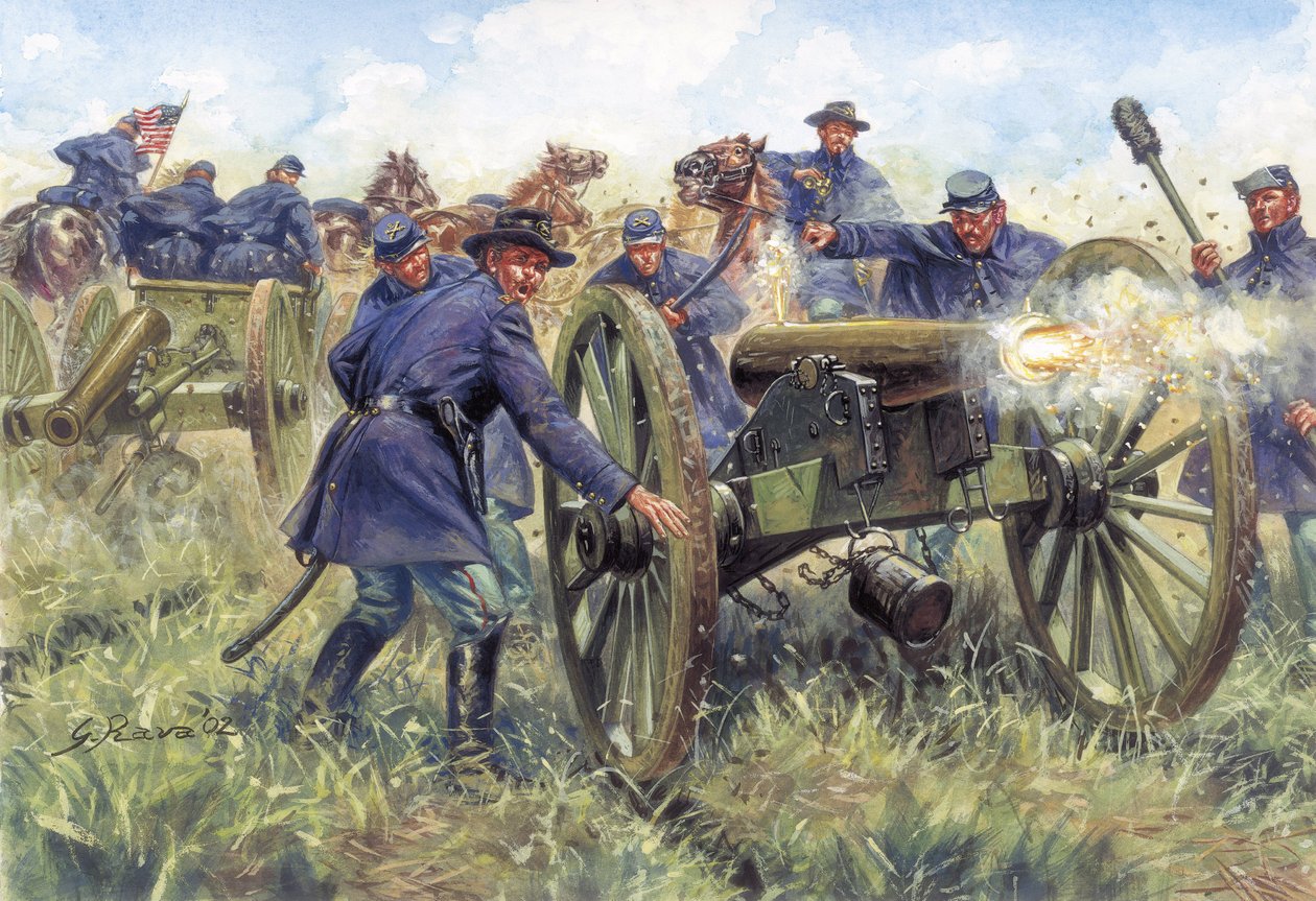 Amerikanischer Bürgerkrieg: Soldaten des Nordens (Union) benutzen eine Waffe während einer Schlacht - Illustration von Giuseppe Rava von Giuseppe Rava