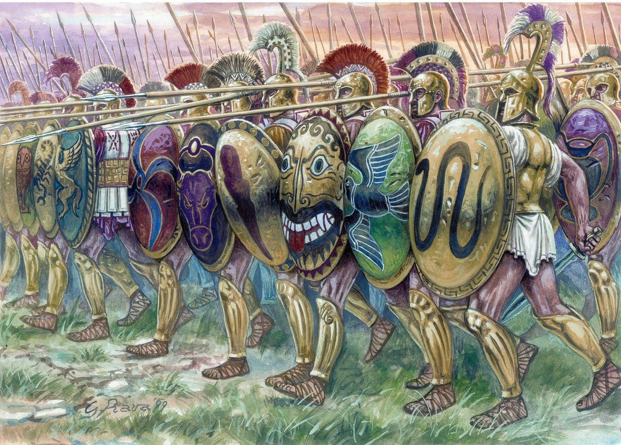 Antikes Griechenland: der Angriff der Hopliten, griechische Infanteristen - Illustration von Giuseppe Rava von Giuseppe Rava