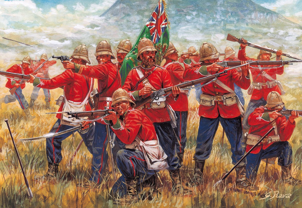 Anglo-Zulu-Krieg: Soldaten des Britischen Empire in der Schlacht von Isandhlwana (Isandlwana oder Isandula) in Südafrika, 22.01.1879 - Illustration von Giuseppe Rava von Giuseppe Rava
