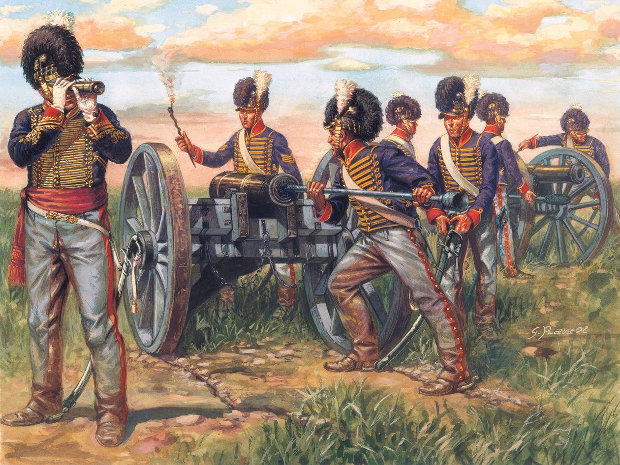 Erstes Kaiserreich: englische Artilleriesoldaten laden eine Kanone in der Schlacht von Waterloo im Jahr 1815 - Illustration von Giuseppe Rava von Giuseppe Rava