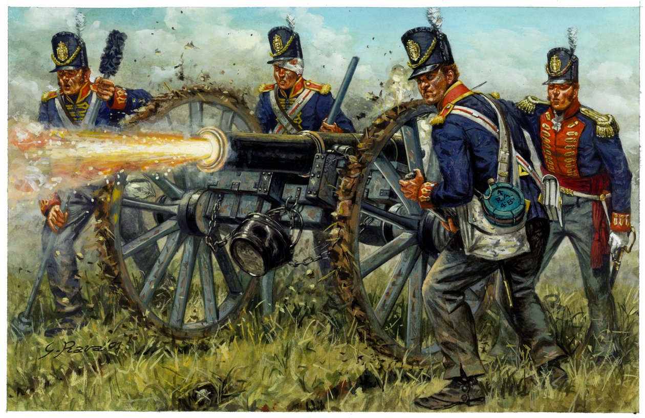 Erstes Kaiserreich: die königliche Fußartillerie während der Schlacht von Waterloo am 18. Juni 1815 - Illustration von Giuseppe Rava von Giuseppe Rava